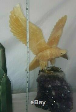 Huge Fighting EAGLE Stone Bird Figurine Hand Carved in Brazil on Amethyst Base