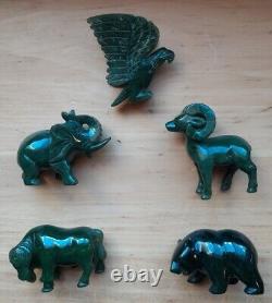 Jade Animals Hand Carved 3 (Bear, Ox, Ram, Eagle & Elephant) Lot Of 5