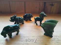 Jade Animals Hand Carved 3 (Bear, Ox, Ram, Eagle & Elephant) Lot Of 5