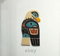John AUGUST Eagle Costal Salish Haida Native Art Carving Hand Painted Teal Blue