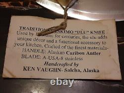 KEVIN VAUGHN Handmade Hand Carved Eagle Alaskan Ulu Knife Caribou Antler SHARP