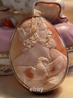 LARGE Victorian Hand-Carved Shell Cameo Brooch or Pin ZEUS and an EAGLE