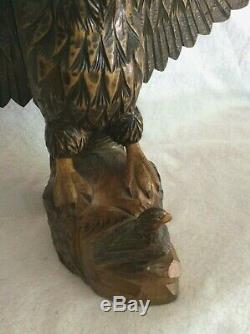 LARGE hand carved wooden Eagle with baby bird 38 wing span 17 tall