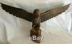 LARGE hand carved wooden Eagle with baby bird 38 wing span 17 tall