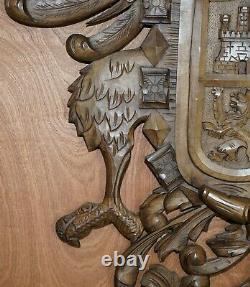 Large 110cm X 95cm Hand Carved Wood Heraldic Armorial Crest Coat Of Arms Eagles