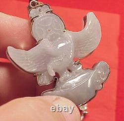 Large 2in Two Sided Chinese Eagle Hand-Carved White Jade Amulet Pendant Sterling