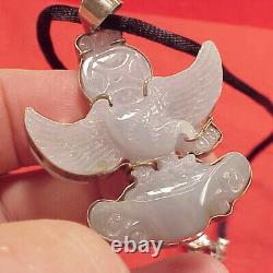 Large 2in Two Sided Chinese Eagle Hand-Carved White Jade Amulet Pendant Sterling