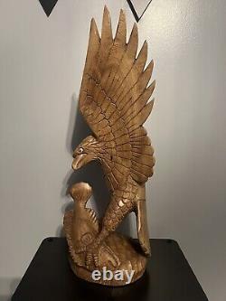 Large Hand Carved Solid Wood Eagle Statue