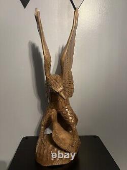 Large Hand Carved Solid Wood Eagle Statue