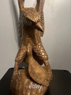 Large Hand Carved Solid Wood Eagle Statue