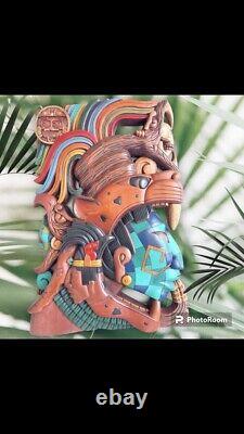 Large Mayan Profile Warrior Hand Carved Cedar Wood Serpent Skull Jaguar Eagle