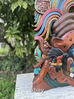 Large Mayan Profile Warrior Hand Carved Cedar Wood Serpent Skull Jaguar Eagle