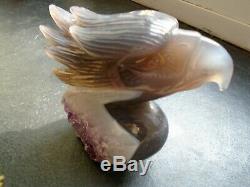 Large Natural Blue/Grey Agate hand carved Eagle head with Amethyst druse