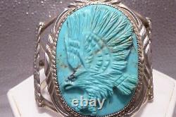Large Navajo Hand Carved Turquoise Eagle Cuff Bracelet Sterling Signed L W