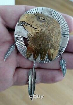 Large Navajo Virgil Reeder sterling silver hand carved Eagle pendant brooch VR