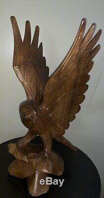 Large Over 2 Ft Tall Eagle Wood Sculpture Hand Carved Beautiful