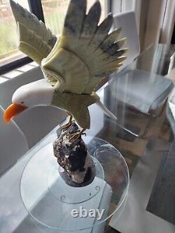 Large Stone Hand Carved Brazilian Eagle Gemstone Bird on Tourmaline Geode Base