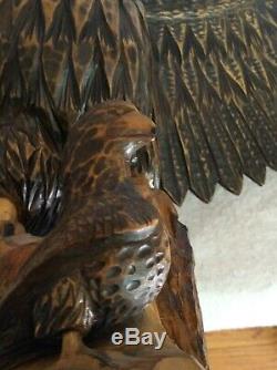 Large hand carved wooden Eagle with baby bird 38 wing span 17 tall