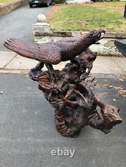 MASSIVE hand carved eagle artwork statue 48 h x 40 wing span x 15 w base