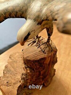 MINIATURE Hand Carved Painted BALD EAGLE SOARING Log Base Stunning Detail Signed