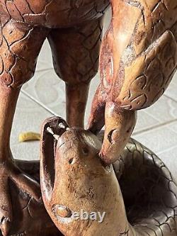 Massive Vintage Hand Carved Statue Neem Wood Eagle Fighting With A Snake