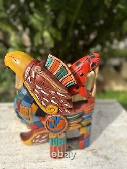 Mayan Profile Hand Carved Cedar Wood Warrior Eagle Jaguar Chichen Itza Mexico