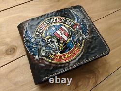 Men's 3D Genuine Leather Wallet, Hand-Carved, Harley Davidson, Eagle, Engine