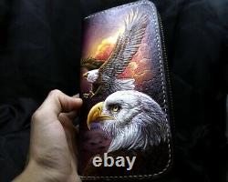 Men's 3D Genuine Leather Wallet, Long wallet, Hand-Carved, Tooled Wallet, Eagle