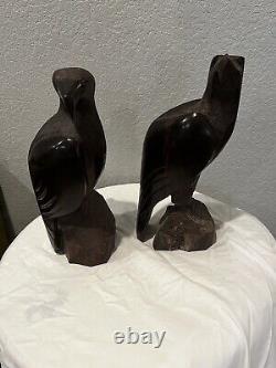 Mid-Century Hand Carved Pair Of Eagle Bird Figurine Bookends Peregrine Falcon