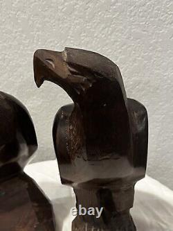 Mid-Century Hand Carved Pair Of Eagle Bird Figurine Bookends Peregrine Falcon