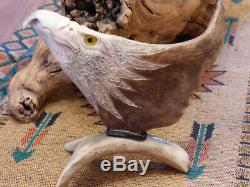 Moose Antler Hand Carved Bald Eagle Head Very NICE Quality Signed Rustic Cabin