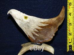 Moose Antler Hand Carved Bald Eagle Head Very NICE Quality Signed Rustic Cabin