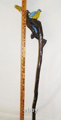 Most Unique Hand Carved folk Art Wood Walking Cane with Eagle Birds Handle