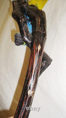 Most Unique Hand Carved folk Art Wood Walking Cane with Eagle Birds Handle