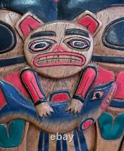 Native American Haida Pacific Northwest Hand Carved Wood Eagle Bear Salmon