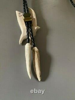 Native American Hand Carved From Bison Bone Flying Eagle Bolo Tie New Mint
