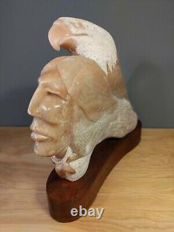 Native American Hand Carved Sculpture Crow Artist Robert Morning Gun Man Eagle