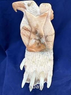 Native American Hand Carved Stone Statue of Hunter, Eagle and Bear Paw Very Rare