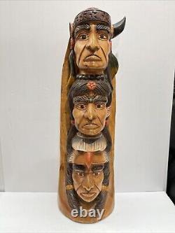 Native American Tribal 3-Face, Eagle TOTEM POLE Hand Carved/Painted 20.5 Tall