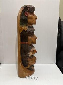 Native American Tribal 3-Face, Eagle TOTEM POLE Hand Carved/Painted 20.5 Tall