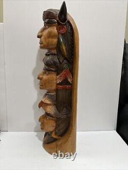 Native American Tribal 3-Face, Eagle TOTEM POLE Hand Carved/Painted 20.5 Tall