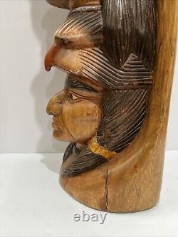 Native American Tribal 3-Face, Eagle TOTEM POLE Hand Carved/Painted 20.5 Tall