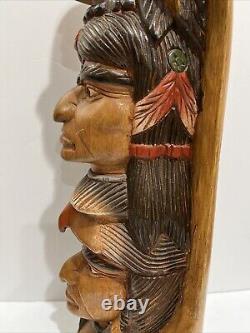 Native American Tribal 3-Face, Eagle TOTEM POLE Hand Carved/Painted 20.5 Tall