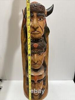 Native American Tribal 3-Face, Eagle TOTEM POLE Hand Carved/Painted 20.5 Tall