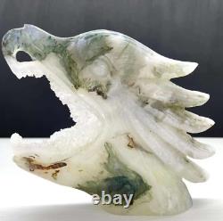 Natural Agate Geode Quartz Hand Carved Eagle Head Skull Crystal Gem Decor