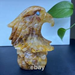 Natural Yellow gum flower eagle Quartz Hand Carved Skull Crystal Healing Decor