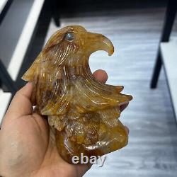 Natural Yellow gum flower eagle Quartz Hand Carved Skull Crystal Healing Decor