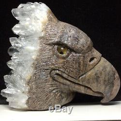 Natural crystal cluster quartz mineral specimen, exquisite hand-carved eagle