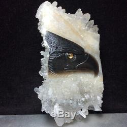 Natural crystal cluster quartz mineral specimen, fine hand-carved eagle's head