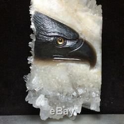 Natural crystal cluster quartz mineral specimen, fine hand-carved eagle's head